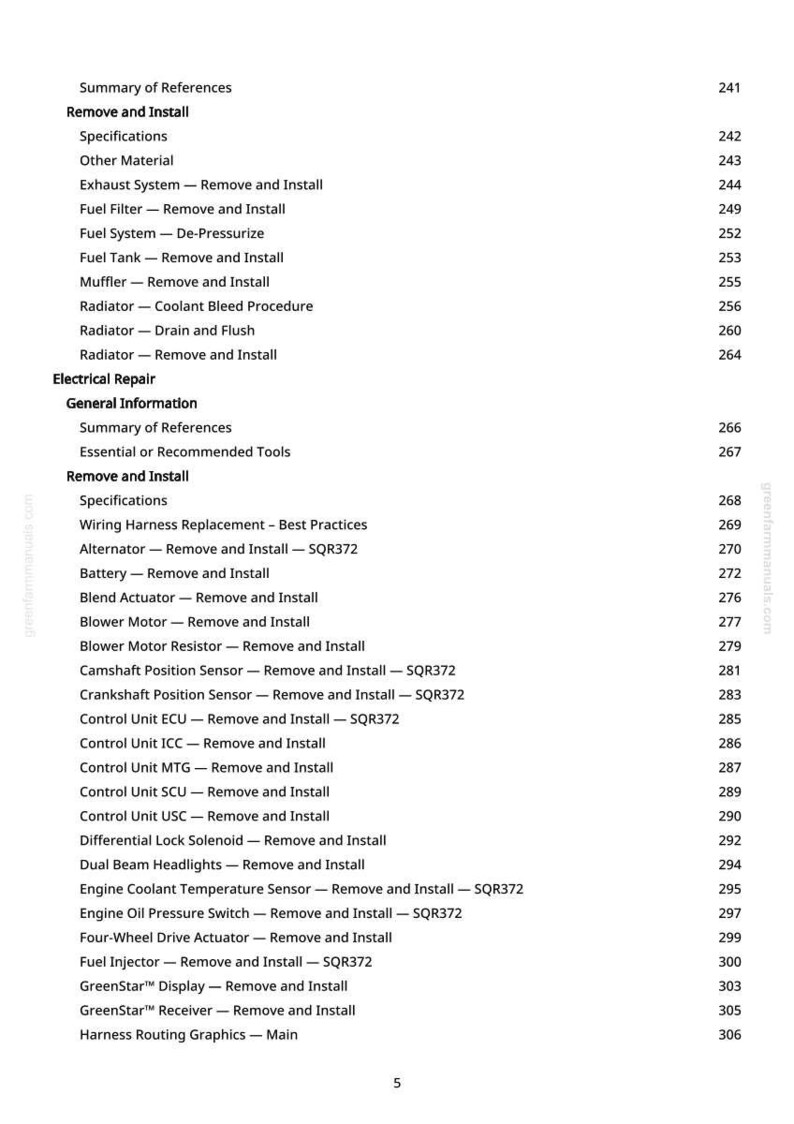 May include: A manual page displaying a table of contents. It lists "Remove and Install" instructions for car components like the fuel filter and radiator. The page also includes electrical repair topics. Page number is 5.