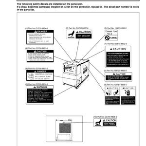 K&ouml;nnte beinhalten: Diagramm eines Generators mit Sicherheitsaufklebern. Das Bild enth&auml;lt Warnungen vor gef&auml;hrlicher Spannung, hei&szlig;em Auspuff und Dieselkraftstoff. Der Text enth&auml;lt "Safety Decals" und Teilenummern.