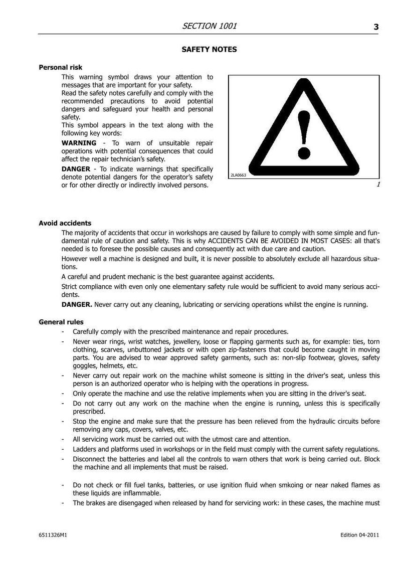 Puede incluir: Una p&aacute;gina de informaci&oacute;n de seguridad titulada "SAFETY NOTES" con un s&iacute;mbolo de advertencia. El texto incluye advertencias sobre riesgos personales, prevenci&oacute;n de accidentes y reglas generales para el mantenimiento y la reparaci&oacute;n de maquinaria.