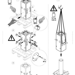 K&ouml;nnte beinhalten: Technische Zeichnung eines Komatsu-Teils, JMHB1270V-1, mit Montageanweisungen. Enth&auml;lt Ma&szlig;e von 500 mm. Das Diagramm zeigt verschiedene Komponenten, darunter Schrauben, ein zylindrisches Teil und ein Warnsymbol.
