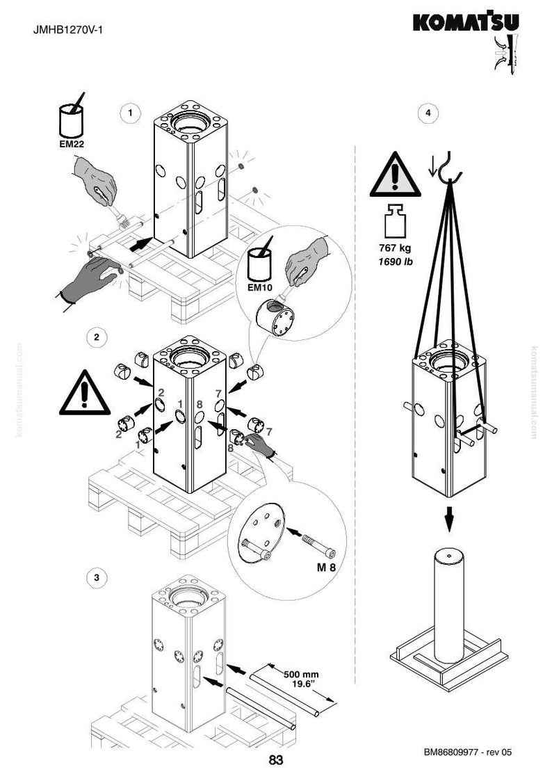 K&ouml;nnte beinhalten: Technische Zeichnung eines Komatsu-Teils, JMHB1270V-1, mit Montageanweisungen. Enth&auml;lt Ma&szlig;e von 500 mm. Das Diagramm zeigt verschiedene Komponenten, darunter Schrauben, ein zylindrisches Teil und ein Warnsymbol.