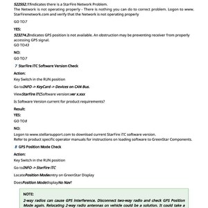 May include: A white document with black text detailing GPS troubleshooting steps. The document includes instructions for StarFire ITC software and GPS position checks, with notes on potential interference from 2-way radios.
