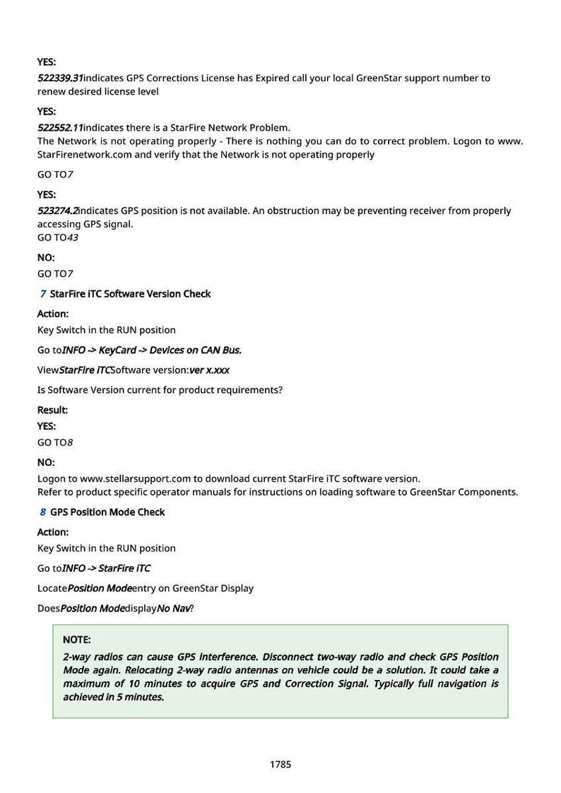 May include: A white document with black text detailing GPS troubleshooting steps. The document includes instructions for StarFire ITC software and GPS position checks, with notes on potential interference from 2-way radios.