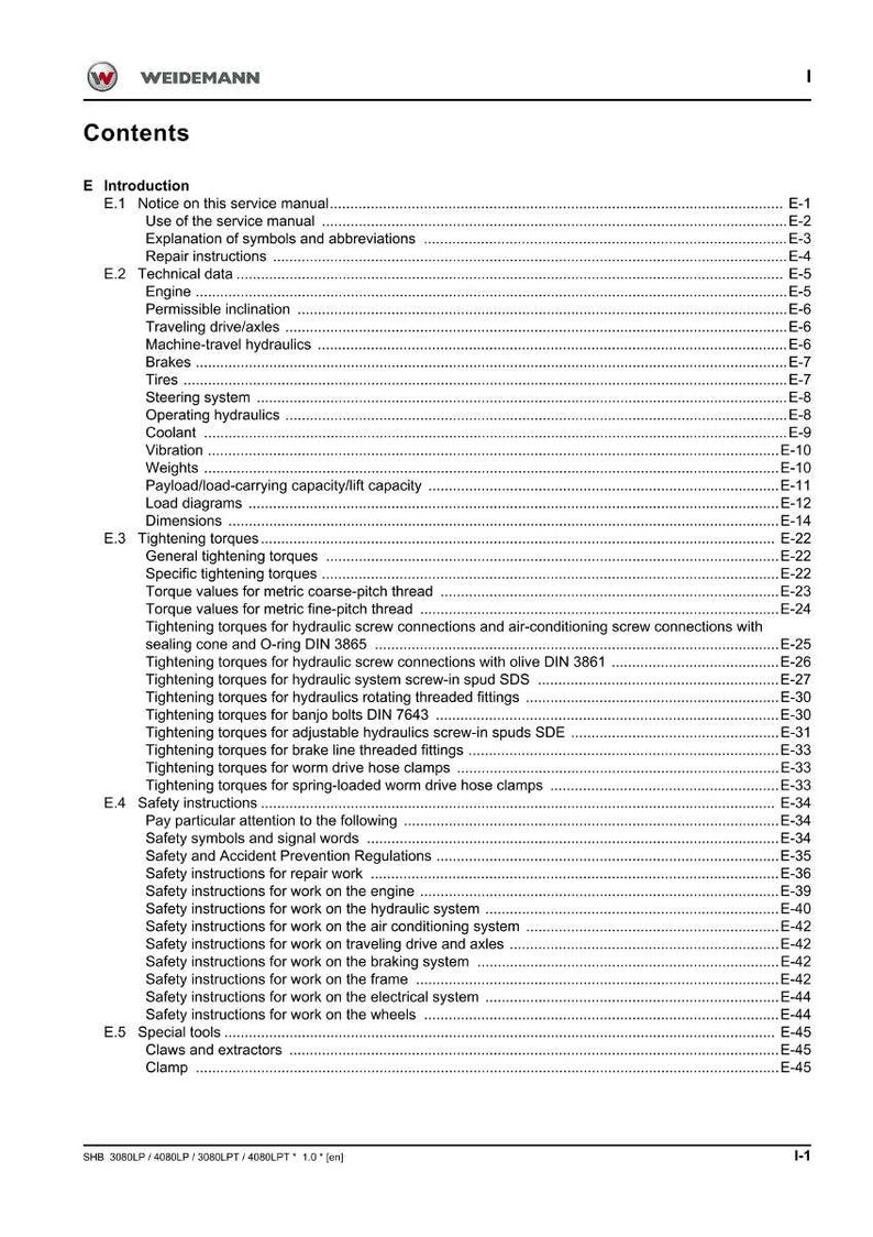 May include: A white document from Weidemann, with the title "Contents", detailing technical data, tightening torques, and safety instructions. Sections cover engines, brakes, and hydraulic systems.