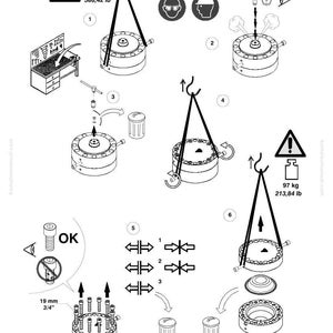 Op de afbeelding: Diagram van industri&euml;le machineonderdelen met veiligheidssymbolen en gewichtsspecificaties. Bevat illustraties van hijsprocedures, montagestappen en waarschuwingen. Afmetingen in cm en kg.