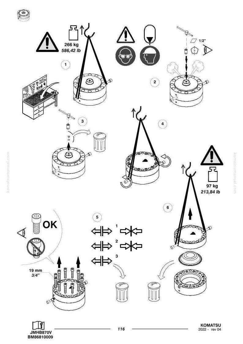 Op de afbeelding: Diagram van industri&euml;le machineonderdelen met veiligheidssymbolen en gewichtsspecificaties. Bevat illustraties van hijsprocedures, montagestappen en waarschuwingen. Afmetingen in cm en kg.