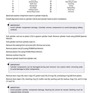Puede incluir: Un diagrama t&eacute;cnico detallado de un cilindro, con una leyenda que enumera componentes numerados como el tubo, la varilla y la cabeza del cilindro, adem&aacute;s de varios anillos y sellos. Tambi&eacute;n se incluyen instrucciones y advertencias.