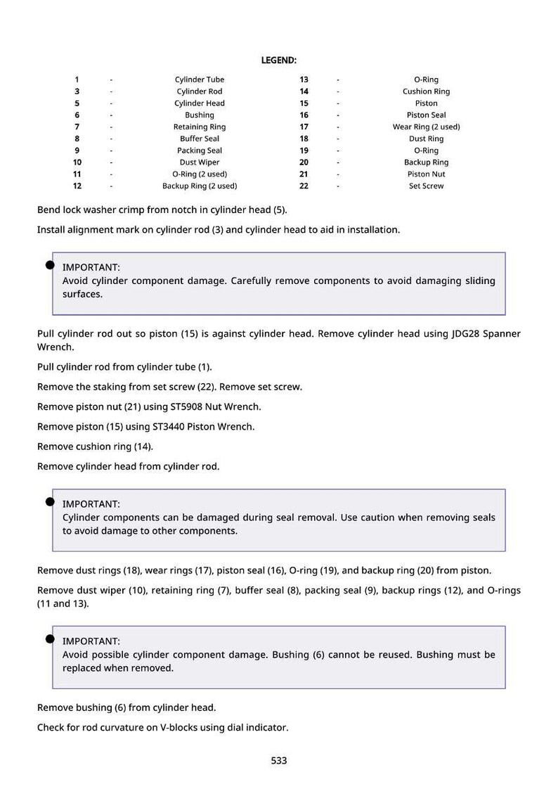 Puede incluir: Un diagrama t&eacute;cnico detallado de un cilindro, con una leyenda que enumera componentes numerados como el tubo, la varilla y la cabeza del cilindro, adem&aacute;s de varios anillos y sellos. Tambi&eacute;n se incluyen instrucciones y advertencias.