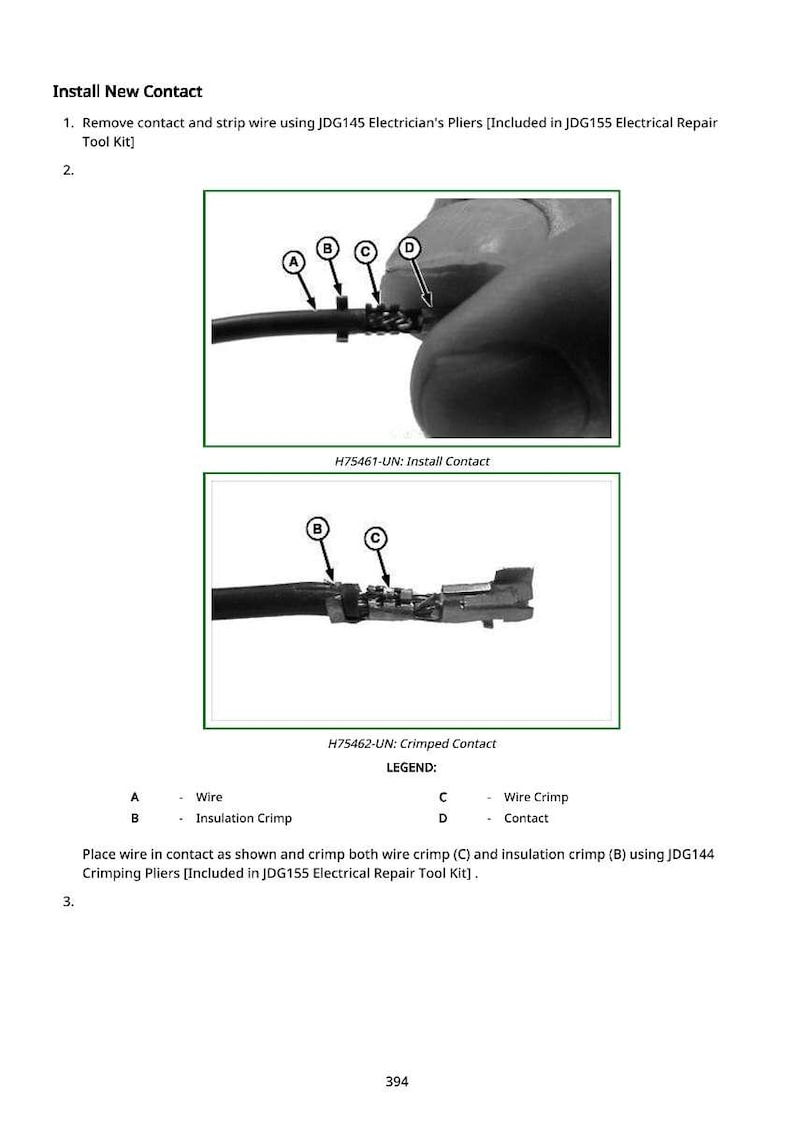 May include: Diagram illustrating the installation of a new electrical contact. The image shows a wire being crimped with tools, with labels A, B, C, and D pointing to different parts. Text includes "Install New Contact" and "Crimped Contact."