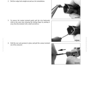 May include: Diagram of connector repair procedures. Instructions for contact terminal removal (DT Type) are shown with images. Steps include removing the wedge lock, pulling the wedge lock out, pulling the wire, and pulling the contact terminal.