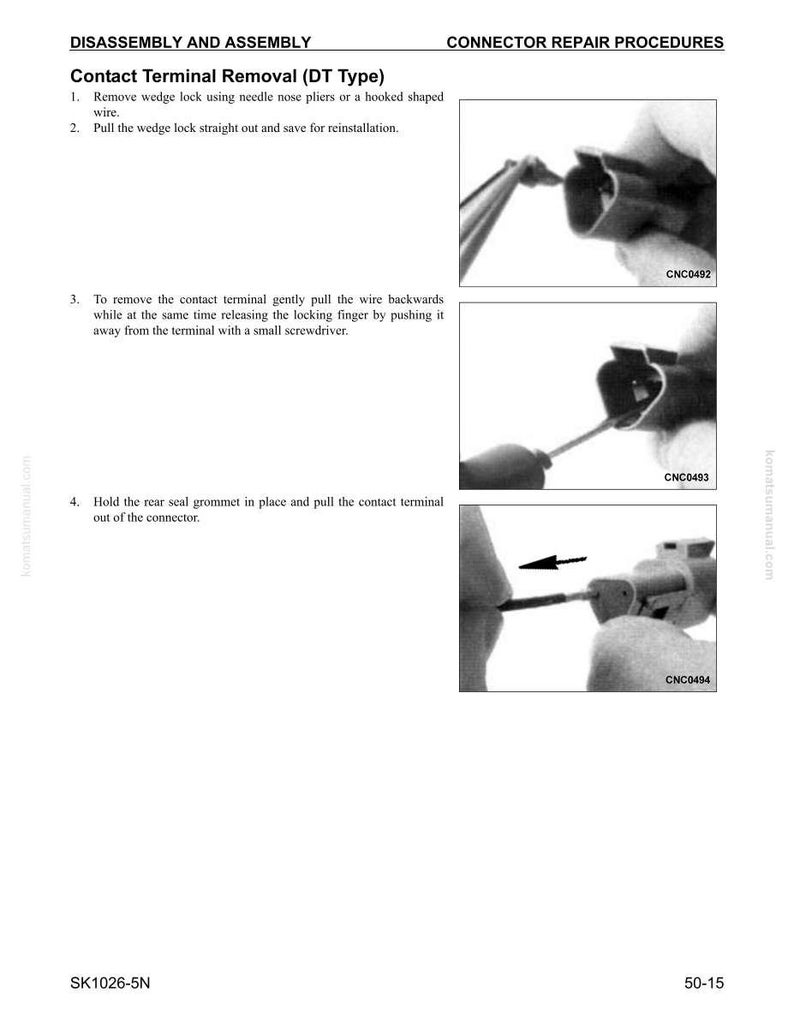 May include: Diagram of connector repair procedures. Instructions for contact terminal removal (DT Type) are shown with images. Steps include removing the wedge lock, pulling the wedge lock out, pulling the wire, and pulling the contact terminal.