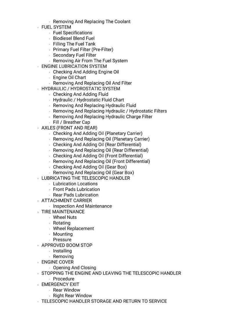 May include: A detailed list of maintenance procedures for a telescopic handler, including fuel system, engine lubrication, hydraulic system, axles, and tire maintenance. The text is in black font on a white background.