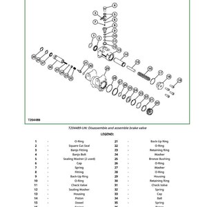 K&ouml;nnte beinhalten: Diagramm zur Demontage und Montage eines Bremsventils, betitelt "Brake Valve Disassemble and Assemble". Das Bild zeigt eine detaillierte Explosionsansicht mit nummerierten Teilen und einer Legende. Der Text enth&auml;lt "T204489-UN" und eine Komponentenliste.