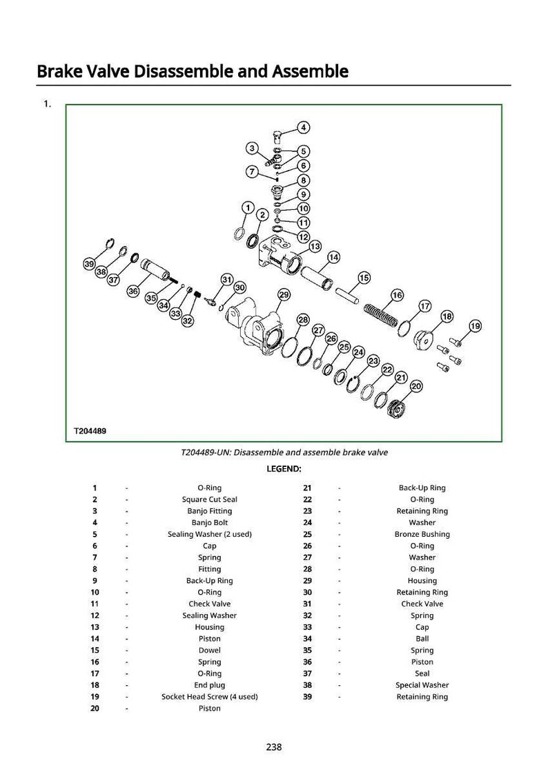 K&ouml;nnte beinhalten: Diagramm zur Demontage und Montage eines Bremsventils, betitelt "Brake Valve Disassemble and Assemble". Das Bild zeigt eine detaillierte Explosionsansicht mit nummerierten Teilen und einer Legende. Der Text enth&auml;lt "T204489-UN" und eine Komponentenliste.