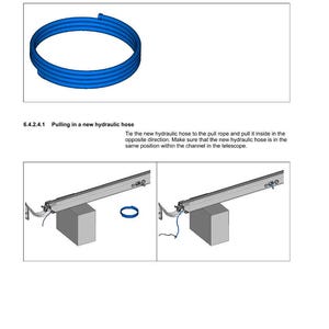 May include: Diagram showing a blue hydraulic hose, with text detailing installation steps. The FENDT logo is present. The image is from a manual for a T740 Telehandler.