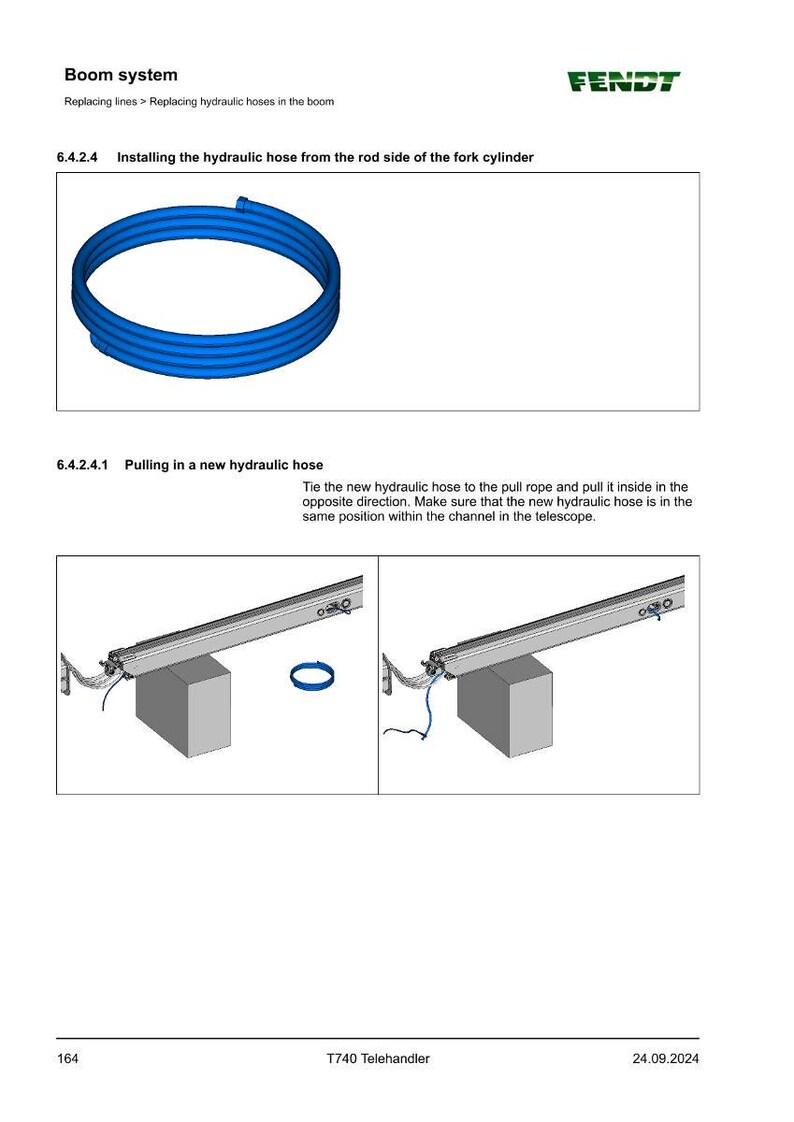May include: Diagram showing a blue hydraulic hose, with text detailing installation steps. The FENDT logo is present. The image is from a manual for a T740 Telehandler.