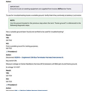 May include: A diagnostic document titled "High Current Power Electrical Diagnostic" with troubleshooting procedures. The document includes instructions for electrical testing, including voltage measurements and harness disconnections. The text is in black font on a white background.