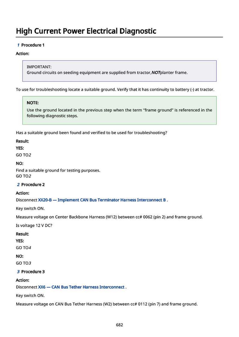 May include: A diagnostic document titled "High Current Power Electrical Diagnostic" with troubleshooting procedures. The document includes instructions for electrical testing, including voltage measurements and harness disconnections. The text is in black font on a white background.
