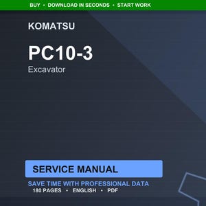 Puede incluir: Manual de servicio digital para una excavadora Komatsu PC10-3. La portada es azul oscuro con texto blanco que dice "KOMATSU PC10-3 Excavator". Las palabras "SERVICE MANUAL" est&aacute;n en un rect&aacute;ngulo azul. El manual contiene 180 p&aacute;ginas y est&aacute; en ingl&eacute;s.