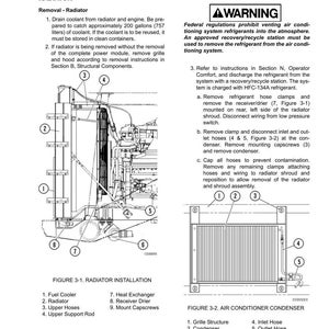 Pu&ograve; includere: Schema di un sistema di raffreddamento, compreso un radiatore e un condensatore del condizionatore d'aria, con etichette e istruzioni. L'immagine include un avvertimento sulle normative sui refrigeranti.