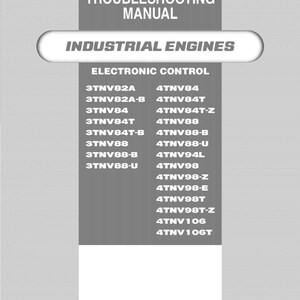 Op de afbeelding: Een probleemoplossingshandleiding voor industri&euml;le motoren. De omslag toont het Yanmar-logo en de tekst "Probleemoplossingshandleiding" en "Industri&euml;le motoren". Er wordt een lijst met motormodellen weergegeven.