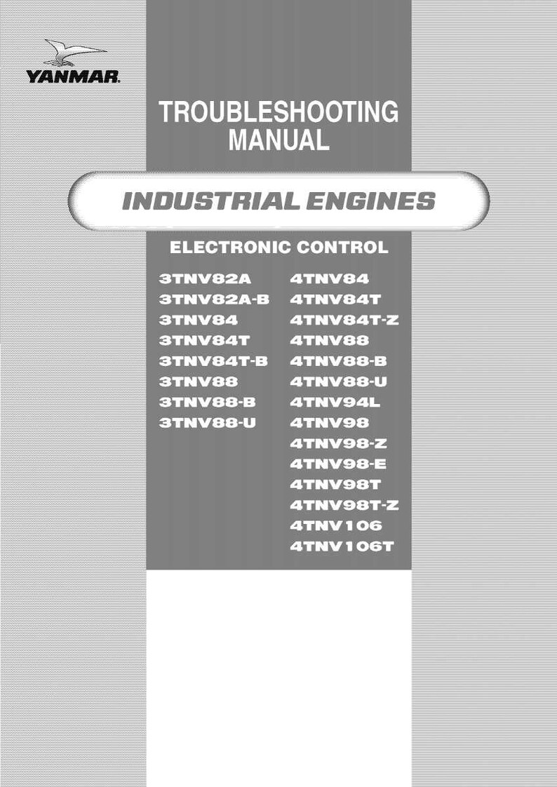 Op de afbeelding: Een probleemoplossingshandleiding voor industri&euml;le motoren. De omslag toont het Yanmar-logo en de tekst "Probleemoplossingshandleiding" en "Industri&euml;le motoren". Er wordt een lijst met motormodellen weergegeven.