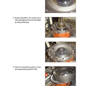 Pode incluir: Diagrama t&eacute;cnico com imagens em close-up de componentes mec&acirc;nicos. As instru&ccedil;&otilde;es de texto incluem a verifica&ccedil;&atilde;o do retentor de &oacute;leo, a aplica&ccedil;&atilde;o de Loctite 609 em um rolamento de rolos e a limpeza de superf&iacute;cies antes de aplicar o l&iacute;quido de embalagem. As imagens mostram pe&ccedil;as met&aacute;licas.