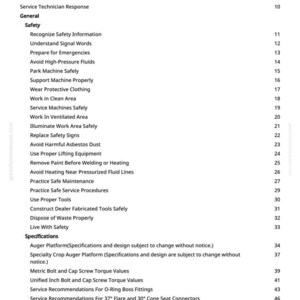 Puede incluir: Una p&aacute;gina blanca de un manual con una "Tabla de contenido" en texto negro. Enumera los procedimientos de seguridad, las especificaciones y la informaci&oacute;n general. Los temas incluyen "Evitar fluidos de alta presi&oacute;n" y "Valores de par de pernos y tornillos m&eacute;tricos."