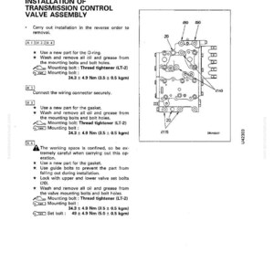 May include: Diagram of a transmission control valve assembly installation. The image includes a detailed schematic with numbered steps, torque specifications in Newton-meters and kilogram-meters, and a parts list. The text provides instructions for disassembly and assembly.