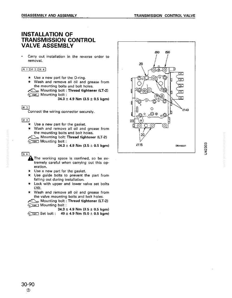 May include: Diagram of a transmission control valve assembly installation. The image includes a detailed schematic with numbered steps, torque specifications in Newton-meters and kilogram-meters, and a parts list. The text provides instructions for disassembly and assembly.