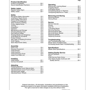 May include: A page from a manual titled "Contents" with a list of topics and page numbers. Topics include safety, assembly, and service. The manual is for a mower and includes a copyright notice.