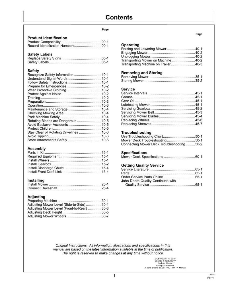 May include: A page from a manual titled "Contents" with a list of topics and page numbers. Topics include safety, assembly, and service. The manual is for a mower and includes a copyright notice.