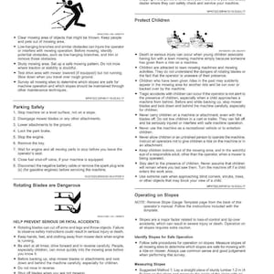May include: Safety instructions for lawn mowers are shown. The image details how to check the mowing area, park safely, and avoid accidents. It also warns about rotating blades and protecting children. The text includes safety tips.
