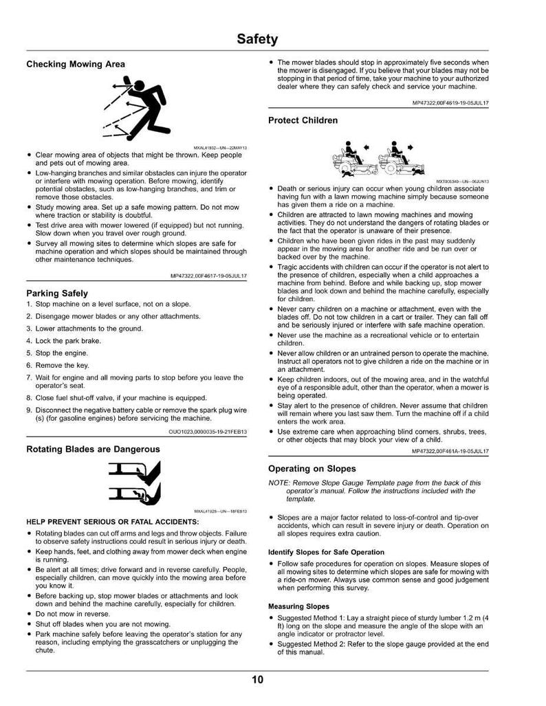 May include: Safety instructions for lawn mowers are shown. The image details how to check the mowing area, park safely, and avoid accidents. It also warns about rotating blades and protecting children. The text includes safety tips.