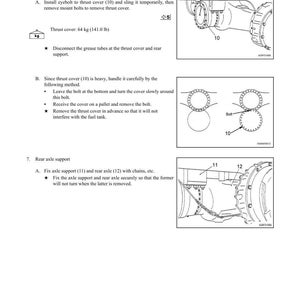 Puede incluir: Diagrama de instrucciones de desmontaje y montaje del eje trasero. Incluye ilustraciones de la tapa de empuje, el soporte del eje trasero y componentes relacionados. Texto con medidas en kg y lb.