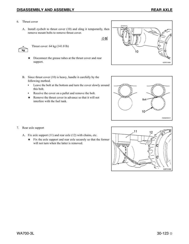 Puede incluir: Diagrama de instrucciones de desmontaje y montaje del eje trasero. Incluye ilustraciones de la tapa de empuje, el soporte del eje trasero y componentes relacionados. Texto con medidas en kg y lb.