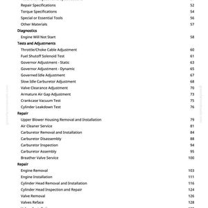 May include: A page from an engine repair manual, featuring a table of contents for a single-cylinder B&S engine. The headings include specifications, diagnostics, tests, adjustments, and repair procedures. The page numbers are listed on the right.