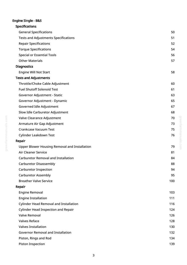 May include: A page from an engine repair manual, featuring a table of contents for a single-cylinder B&S engine. The headings include specifications, diagnostics, tests, adjustments, and repair procedures. The page numbers are listed on the right.