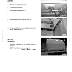 May include: A page from a manual detailing the removal and installation of a fuel tank assembly. The image includes diagrams of the fuel tank and related components, with numbered steps and labels for each part.