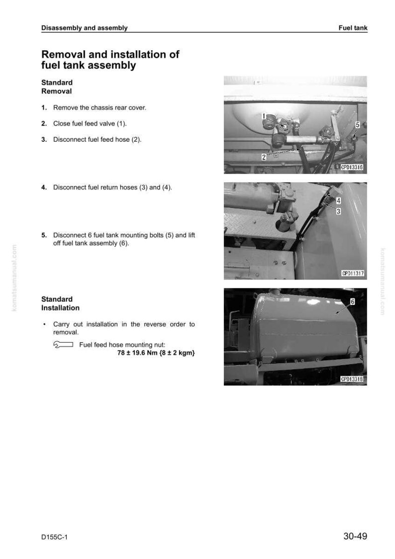May include: A page from a manual detailing the removal and installation of a fuel tank assembly. The image includes diagrams of the fuel tank and related components, with numbered steps and labels for each part.