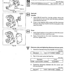 May include: Diagram of a 90 cooling system with reassembly instructions. Includes illustrations of bearing unit, impeller, and cover components. Text details clearance and tightening allowances in mm and kg-m.