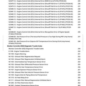 May include: A page from a manual with a list of engine control unit (ECU) internal errors and diagnostic trouble codes. The text includes error descriptions and associated codes, such as "Engine Trouble Alarm" and "Engine Warning."