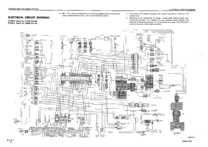 May include: A detailed electrical circuit diagram with numerous lines, symbols, and text labels. The diagram is labeled "ELECTRICAL CIRCUIT DIAGRAM" and includes model numbers PC200-3 and PC220-3. The image is in black and white.