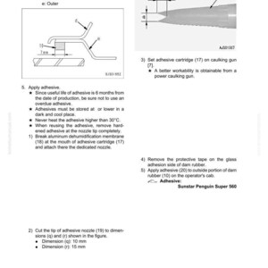 May include: Diagram of cab glass installation with adhesive application instructions. Includes measurements of 10 mm and 15 mm. The text includes details on adhesive storage and application.