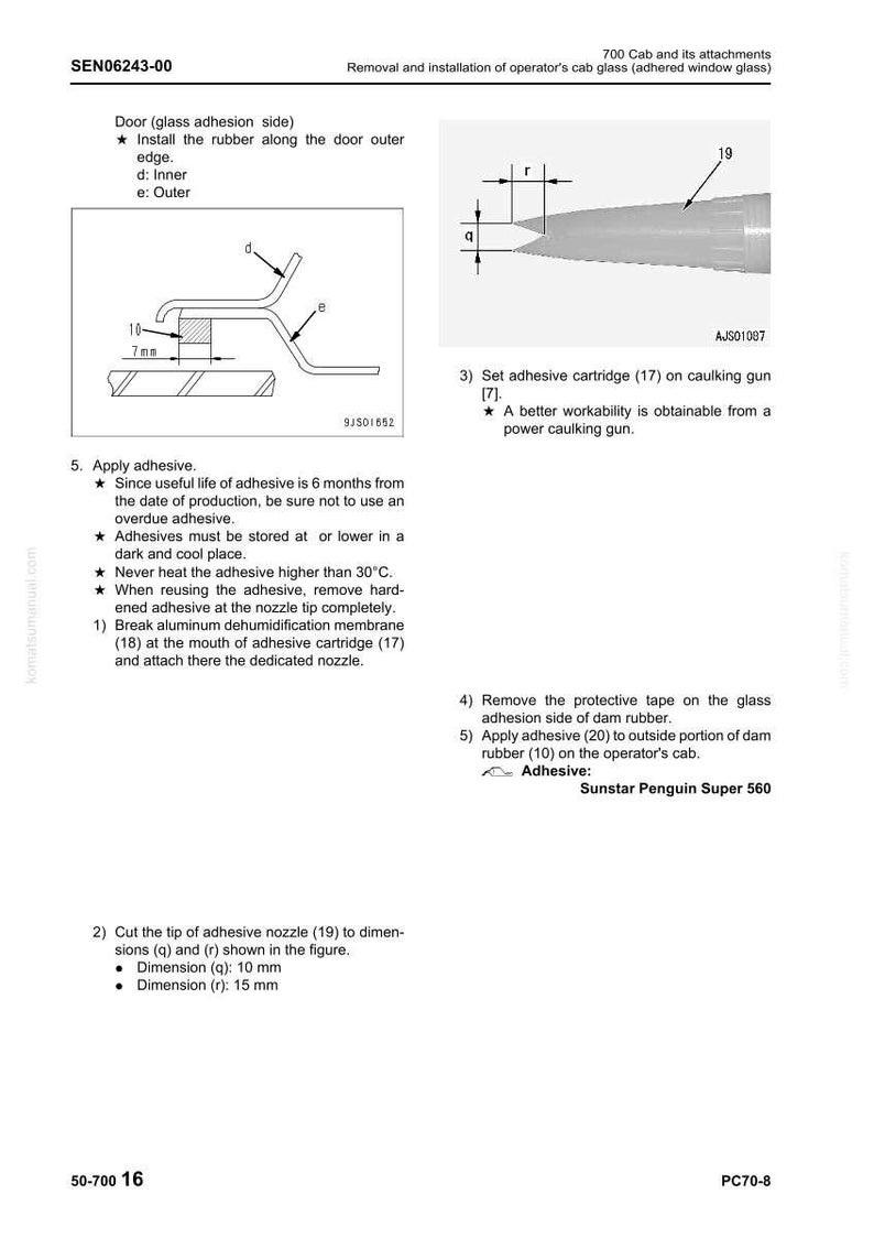 May include: Diagram of cab glass installation with adhesive application instructions. Includes measurements of 10 mm and 15 mm. The text includes details on adhesive storage and application.