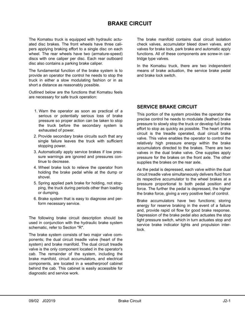 May include: Diagram of a Komatsu truck brake circuit, detailing components like calipers, valves, and accumulators. Includes text explaining the system's function, safety features, and service brake circuit operation.