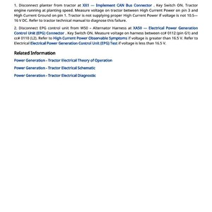 May include: White document with black text detailing electrical diagnostics for a tractor. The text includes instructions for voltage measurements and troubleshooting steps related to the ECU and power generation.