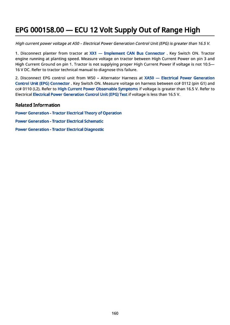 May include: White document with black text detailing electrical diagnostics for a tractor. The text includes instructions for voltage measurements and troubleshooting steps related to the ECU and power generation.