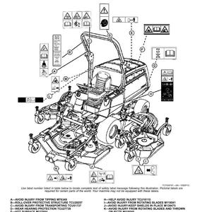 May include: Diagram of a riding lawn mower with safety labels. The labels warn against tipping, rotating blades, and other hazards. The mower has wheels, a seat, and various mechanical components.