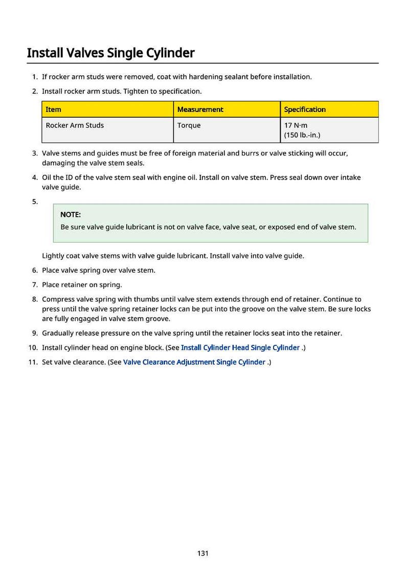 May include: Instructions for installing valves on a single cylinder engine. Includes steps for rocker arm studs, valve stems, and valve springs. The text includes measurements in lb-in and N-m.